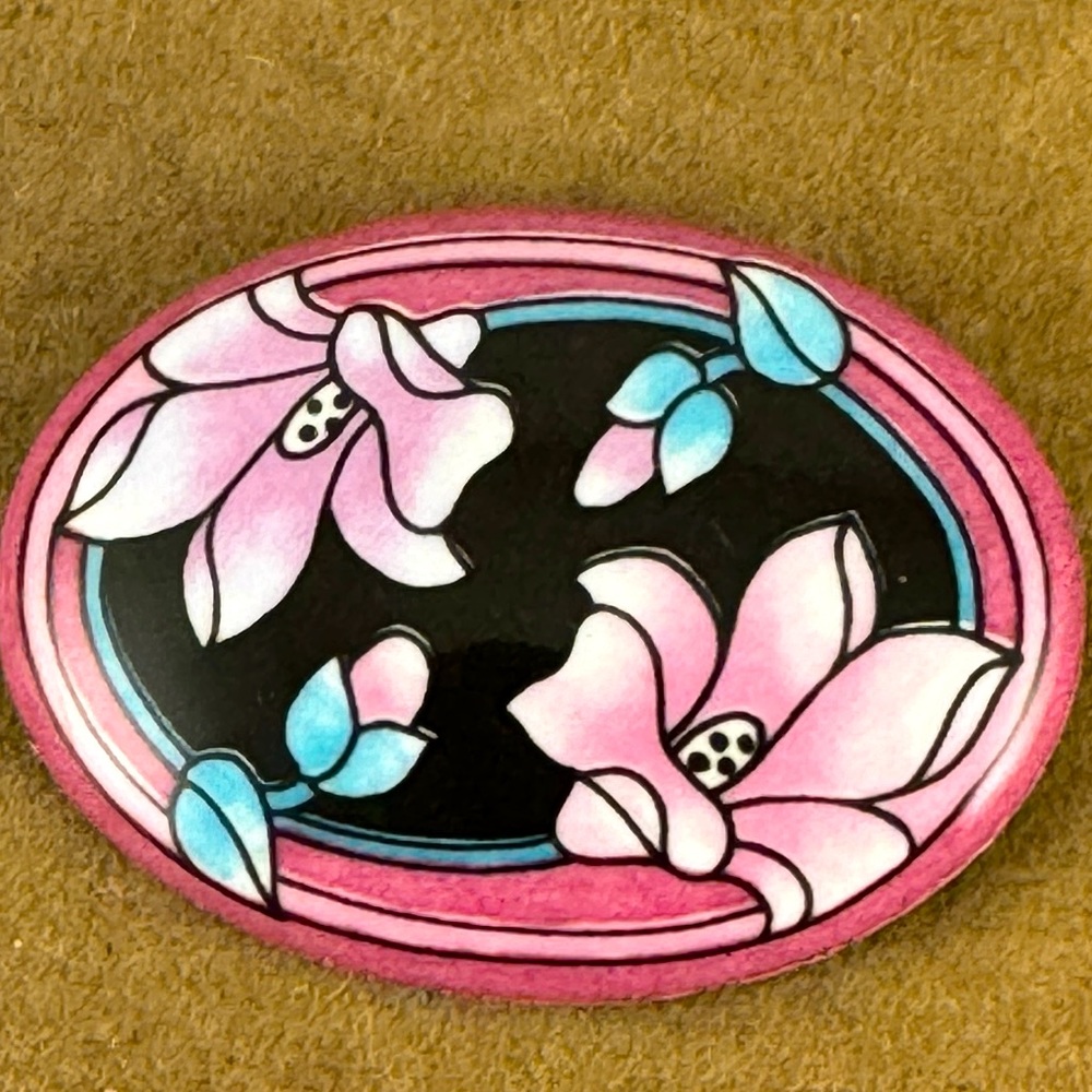Vintage Michaela Frey Enamel Art Nouveau Broach Morning Glory Floral scene